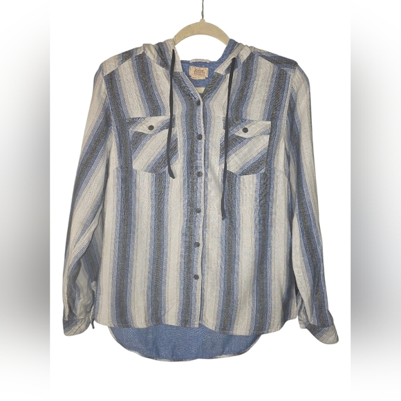 Boston Traders Tops - Boston Traders Blue and Gray Striped Cotton "Shacket" Hoodie Med Button Front
